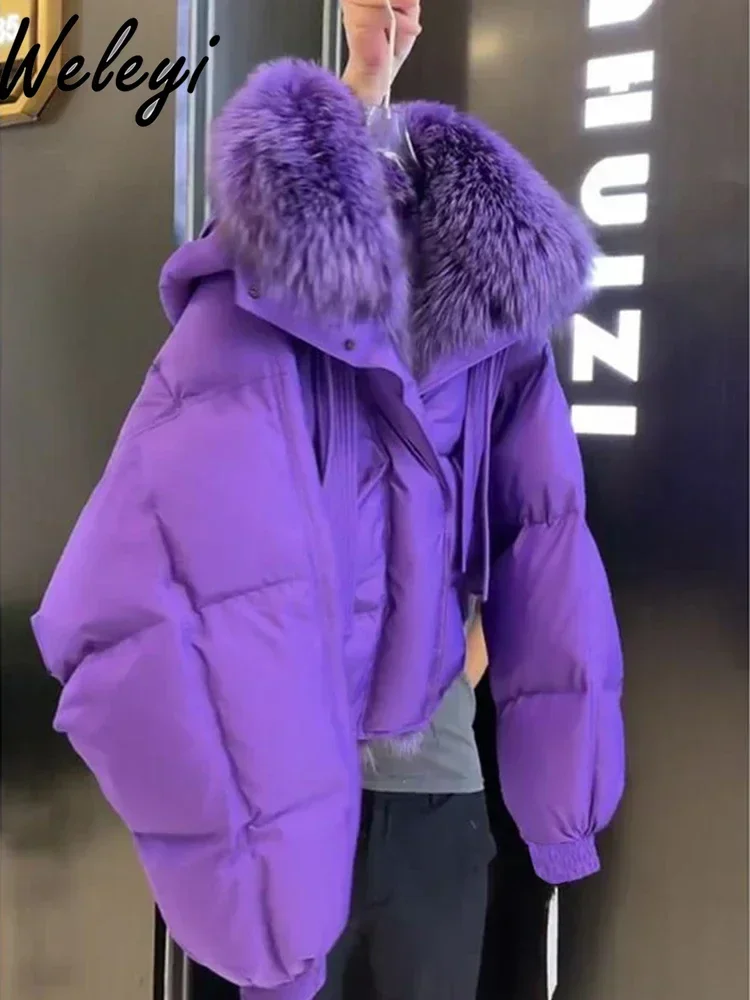 High-end Warm Purple Fur Collar Cotton Clothes Female Winter Clothing 2024 Streetwear Women\'s Woman Long Sleeve Thickened Coat