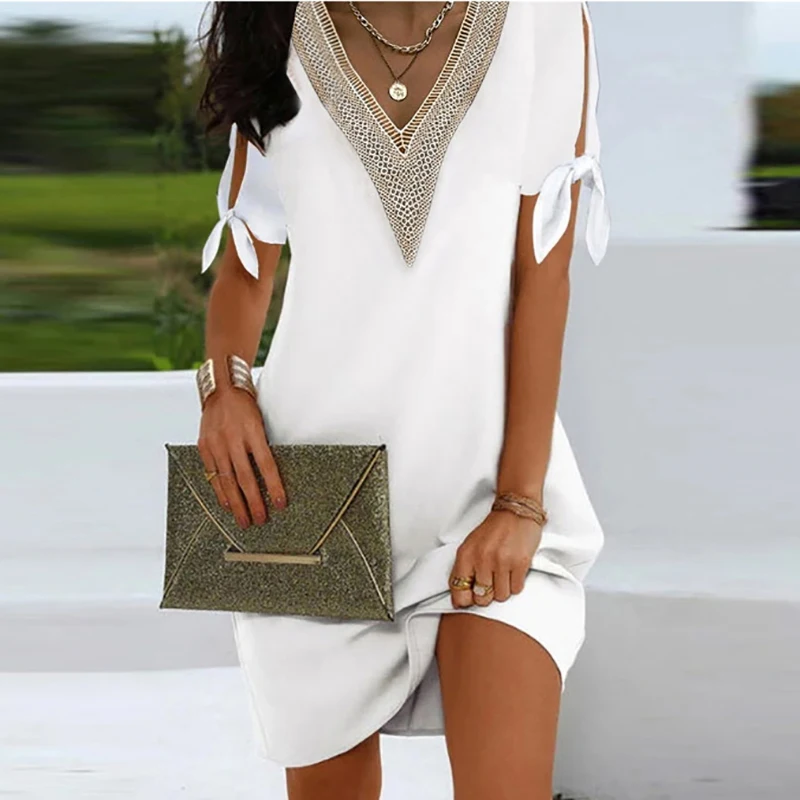 

Elegant Women V Neck Off Shoulder Patchwork Design Mini Dress Summer Loose Beach Holiday Dress Bowtie Split Sleeve Short Dresses