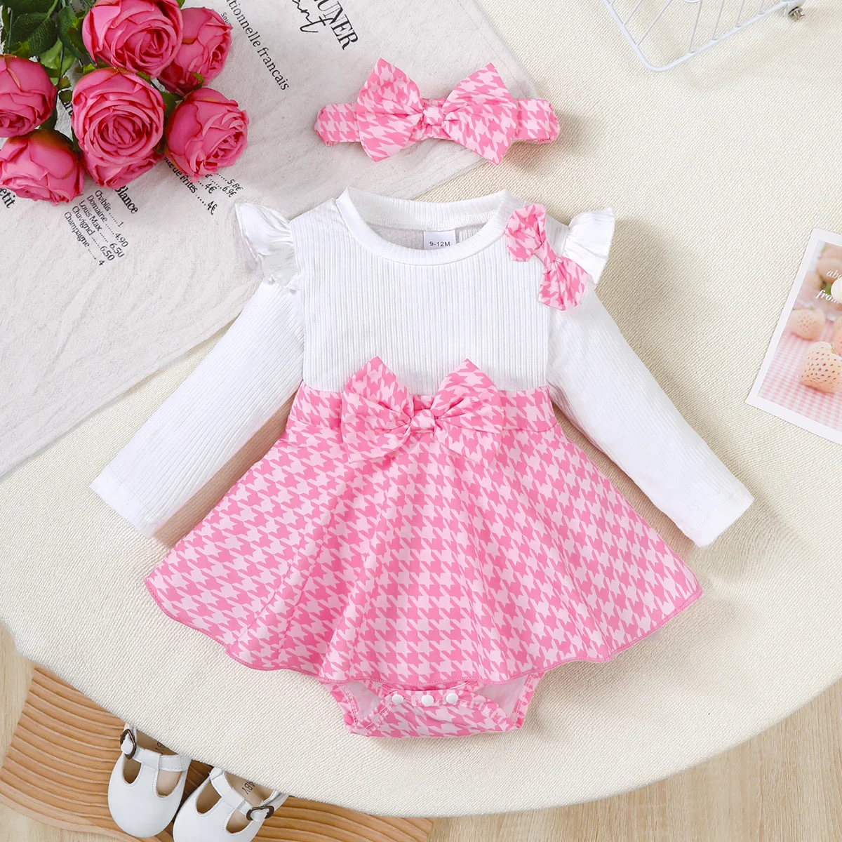 Baby Girl Dress Bow Thousand Bird Grid Pattern Long Sleeved Dress 0-18 Months Old Cute Baby Girl Spring and Autumn Fashion Dress