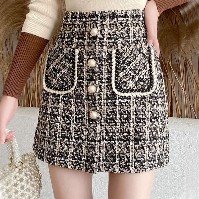 

New Fall Winter Plaid Tweed A-line Skirt Womens Thick Woolen Pearl Button Front Pocket Glitter Mini Skirt Saia Feminina