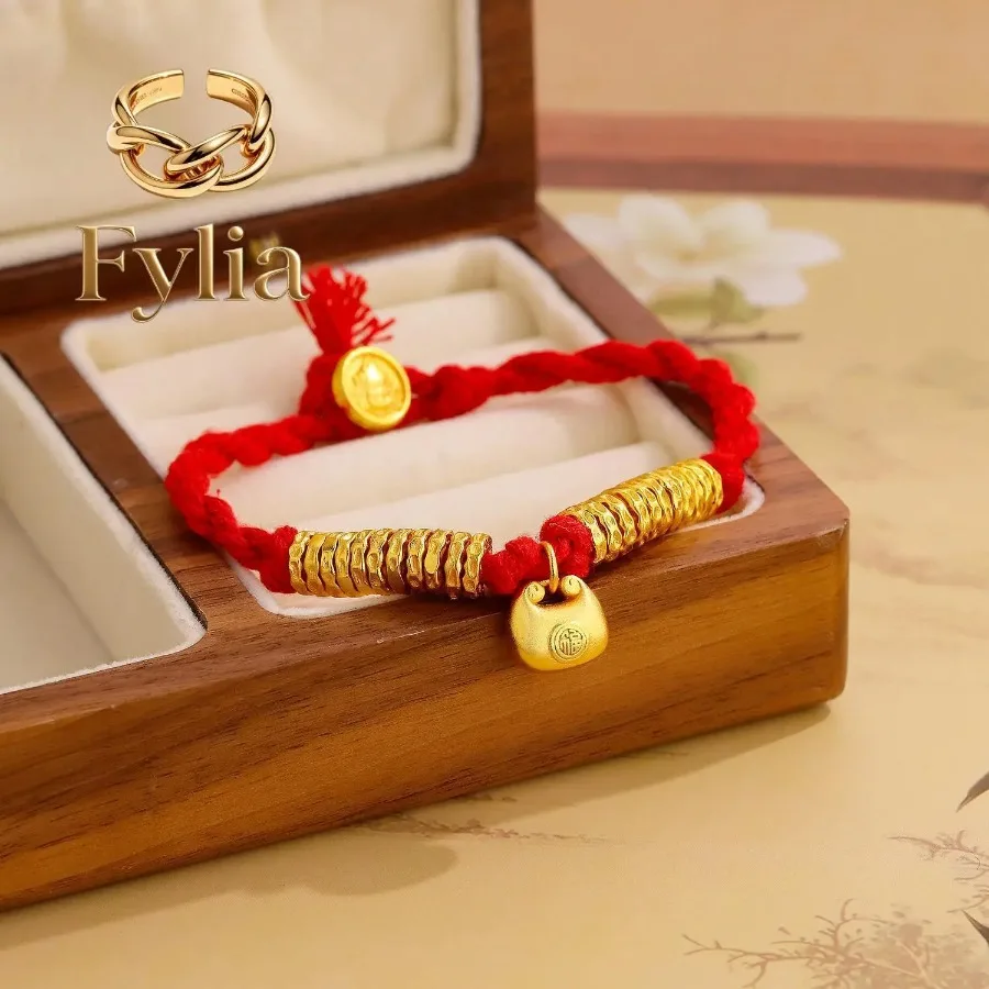 Fylia Jewelry   999 24K real gold small fat Fu coil wrapped hand rope women ancient fashion new niche design braided hand rope b