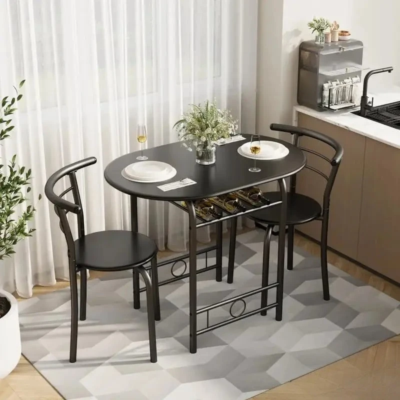 

Dining Table Set, Kitchen Breakfast Nook Sets with 2 Chairs & Round Tabletop, Space Saving Furniture Metal Frame