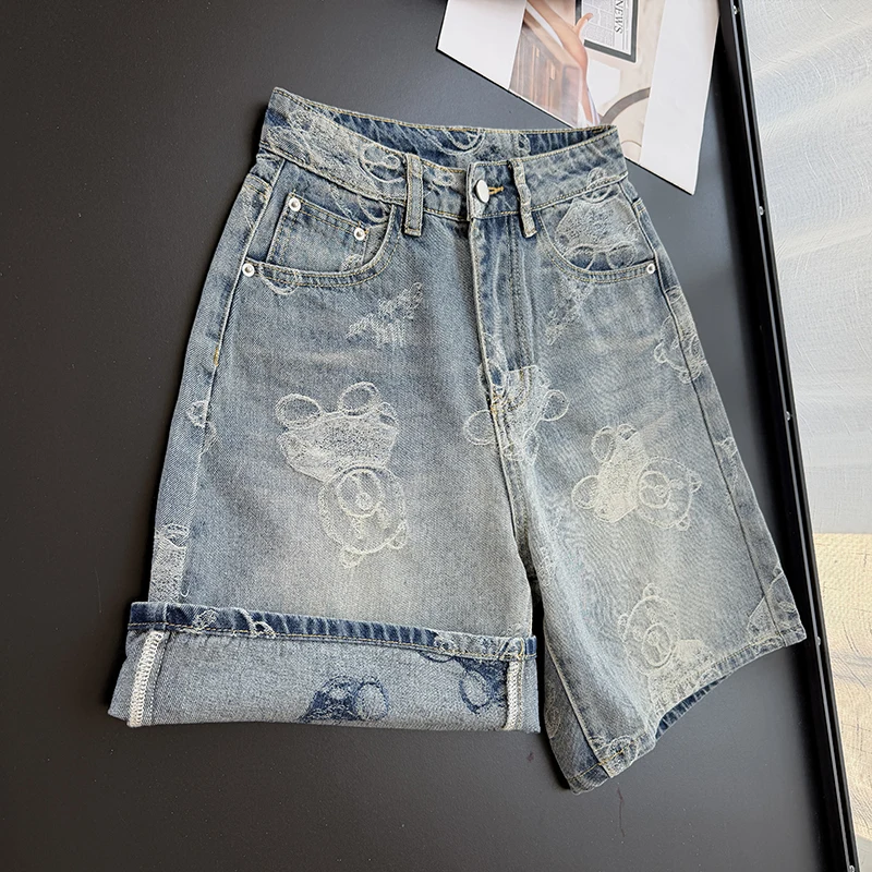 Retro High Waist Youthful Thin Cartoon Embroidered Cotton Straight Leg Wide Leg Five Shorts Women's Jeans Shorts Summer 2026