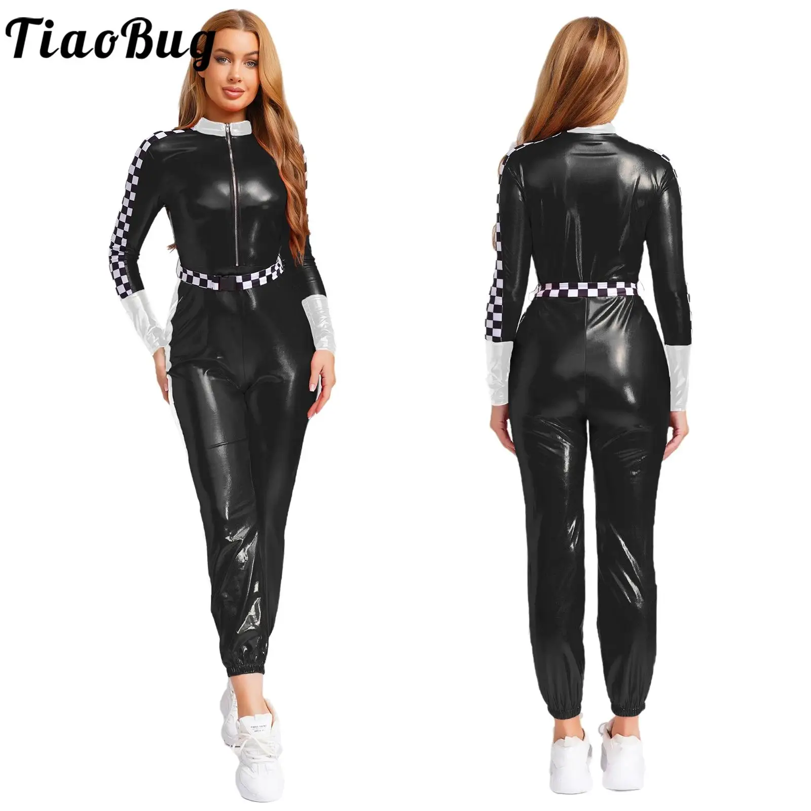 

Hot Women's Halloween Carnival Racer Driving Cosplay Jumpsuits Fashion Holographic Racer Car Speeding Performance Play Costume