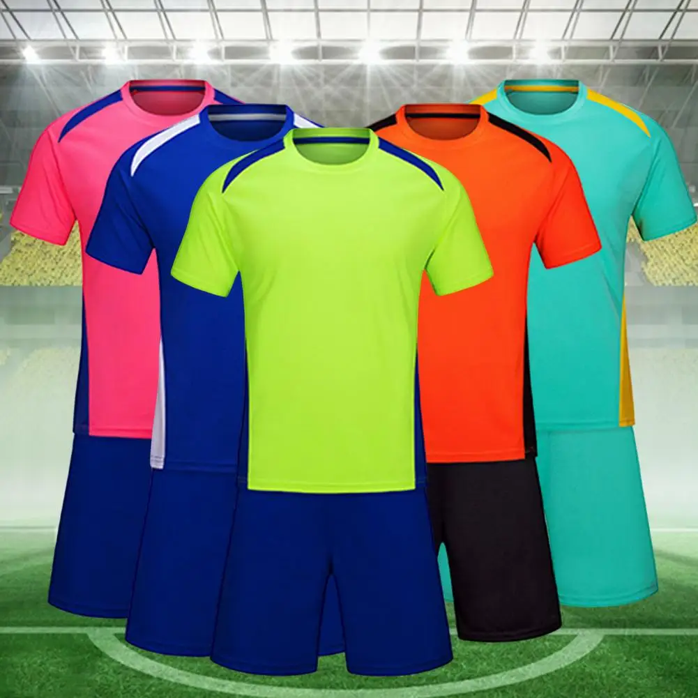 Unisex esportes t-shirt shorts, futebol Jersey, uniforme de treinamento do estudante, gola redonda absorvente de suor, futebol