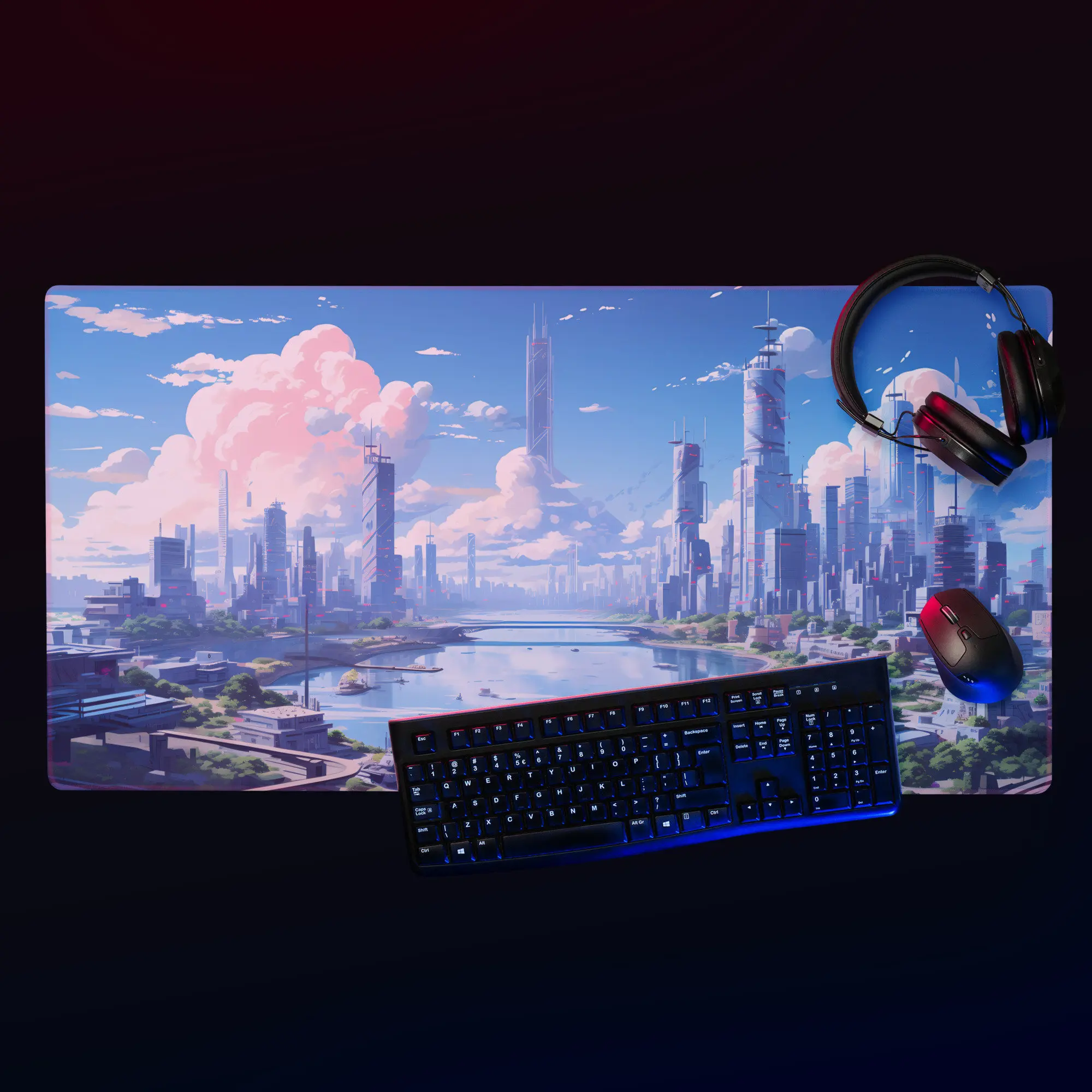 Futuristic Cityscape Anime Game Mouse Pads, Anime Desk Mat, Gift for Anime Game Players, Desktop Accessory, Large Mouse Pad