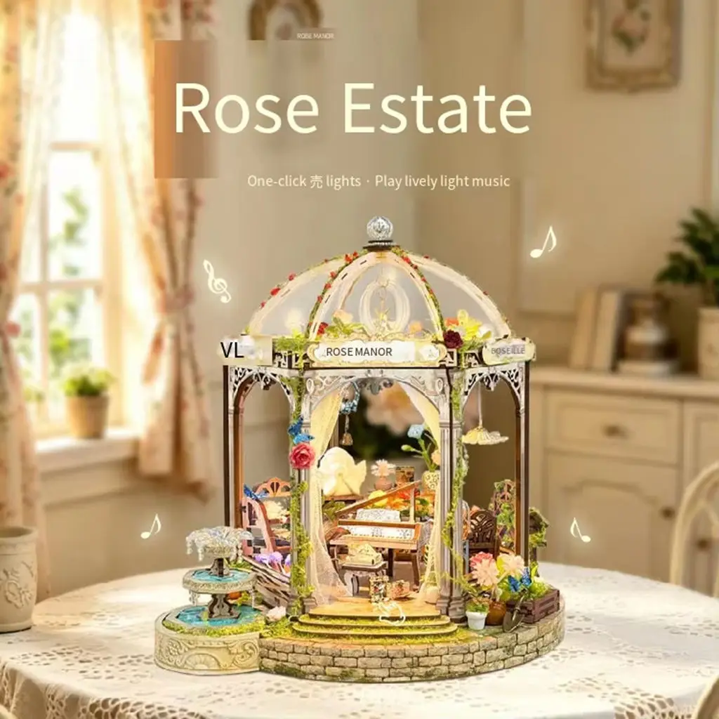 

Rose Manor DIY Miniature Gazebo Kit, 3D Wooden Puzzle House, Romantic Garden Diorama for Home Decor & Gift