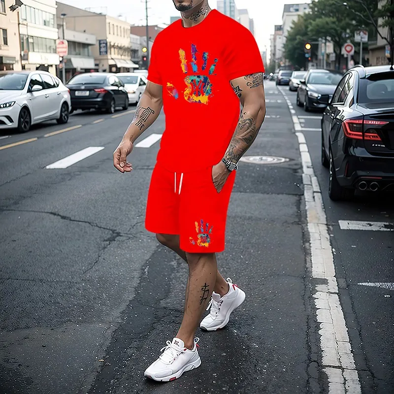 

Summer new set men's oversized T-shirt shorts two-piece set short sleeved printed sportswear fashion sportswear set men's clothi