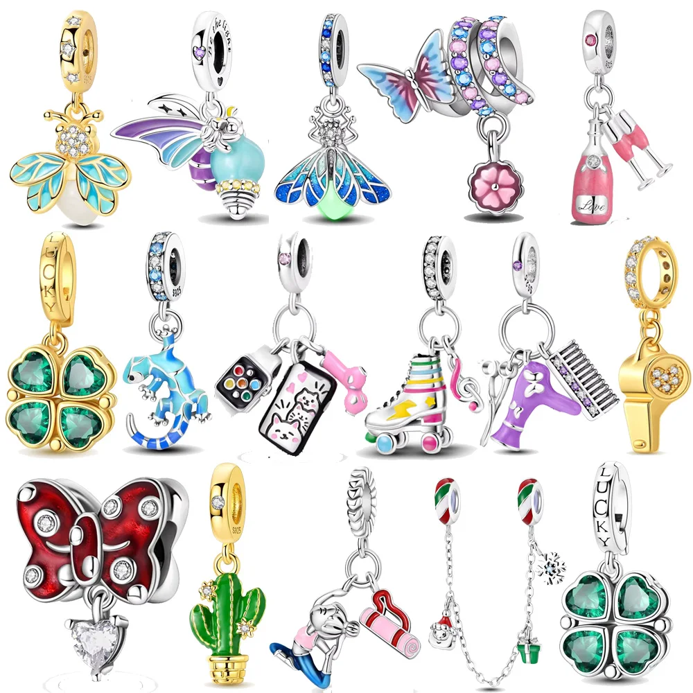 Abalorios de plata de ley 925 para mujer, con motivos de mariposa, abeja, trébol, libélula y cactus, ideales como colgantes para pulseras, joyas y regalos.