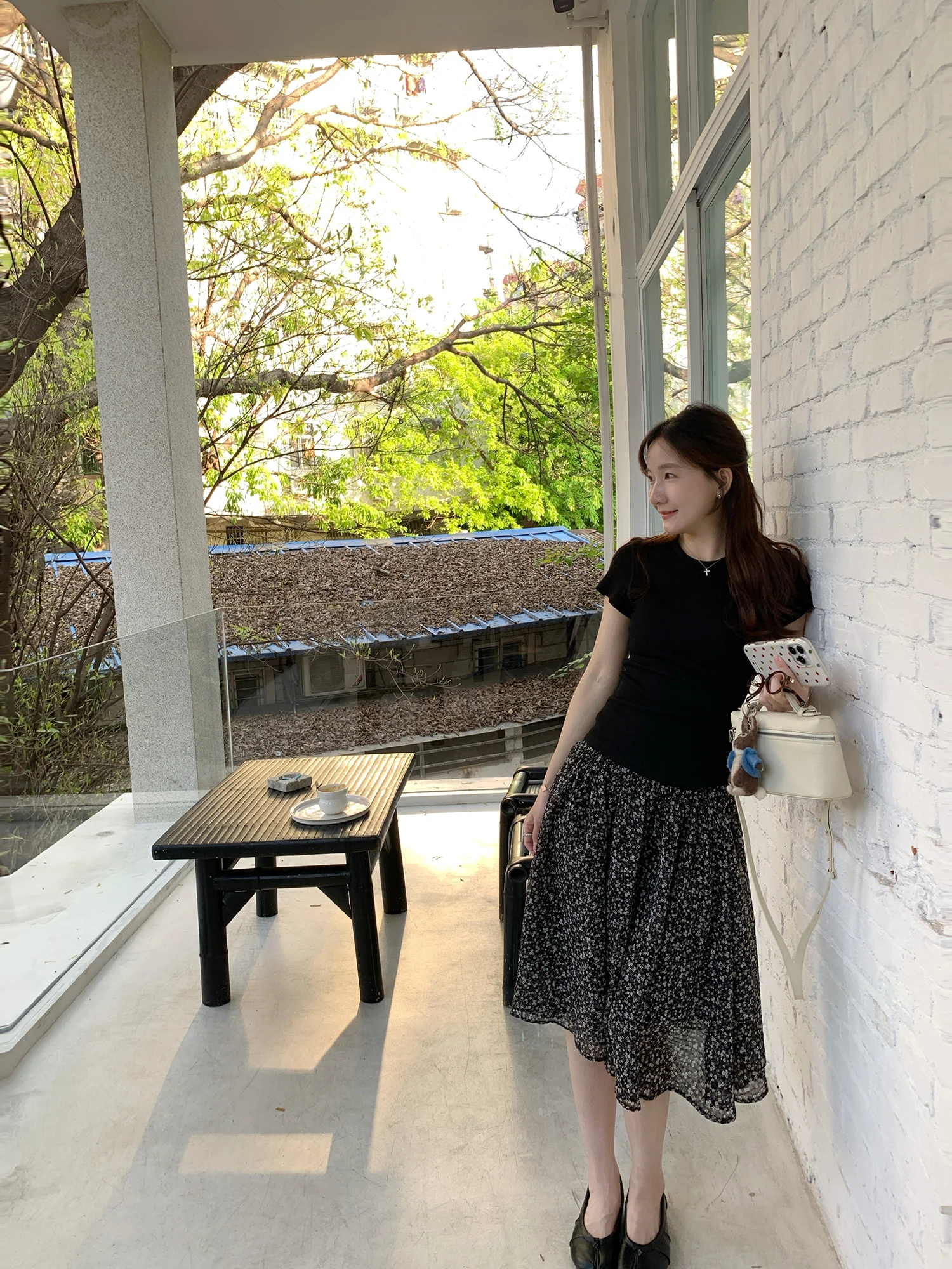 XierZ Chiffon Floral Print A-Line Skirt Black Elegant Gentle Korean Style Women's mid Waist Printed Skirt with