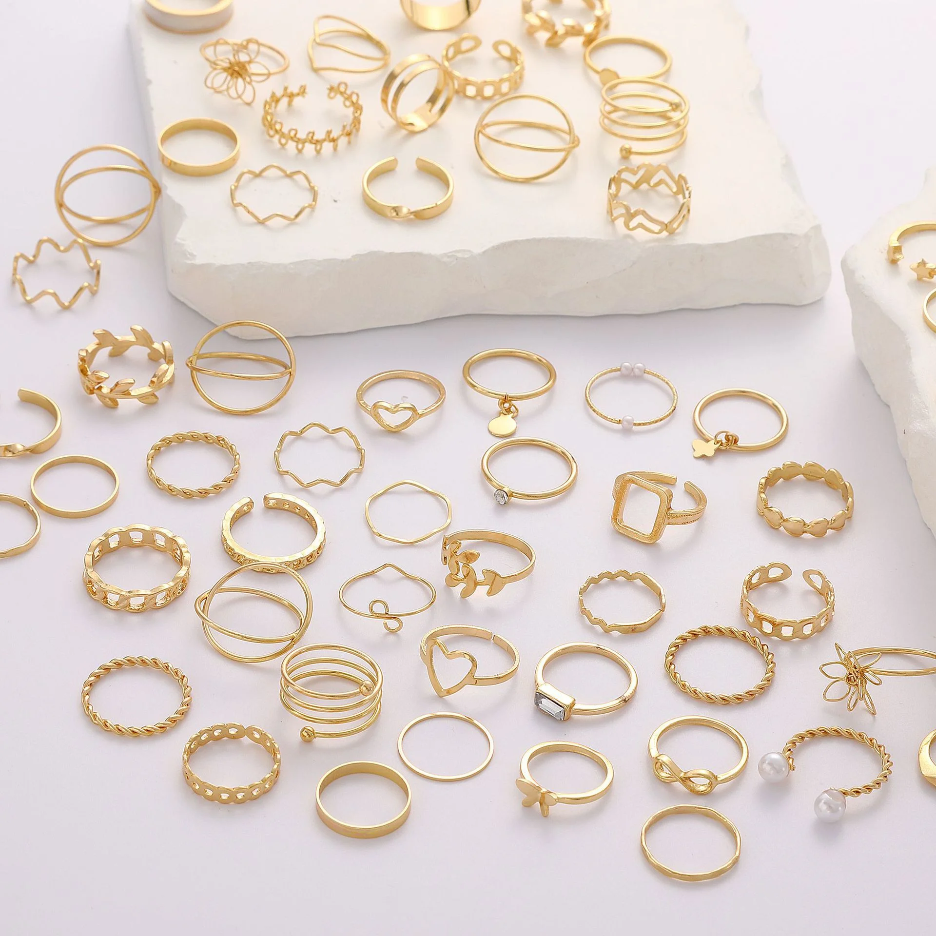 66pcs Vintage Minimalist Geometric Ring Set For Women Fashion Pearl Zircon Hollow Out Design Rings Daily Party Wear Jewelry Gift image 5