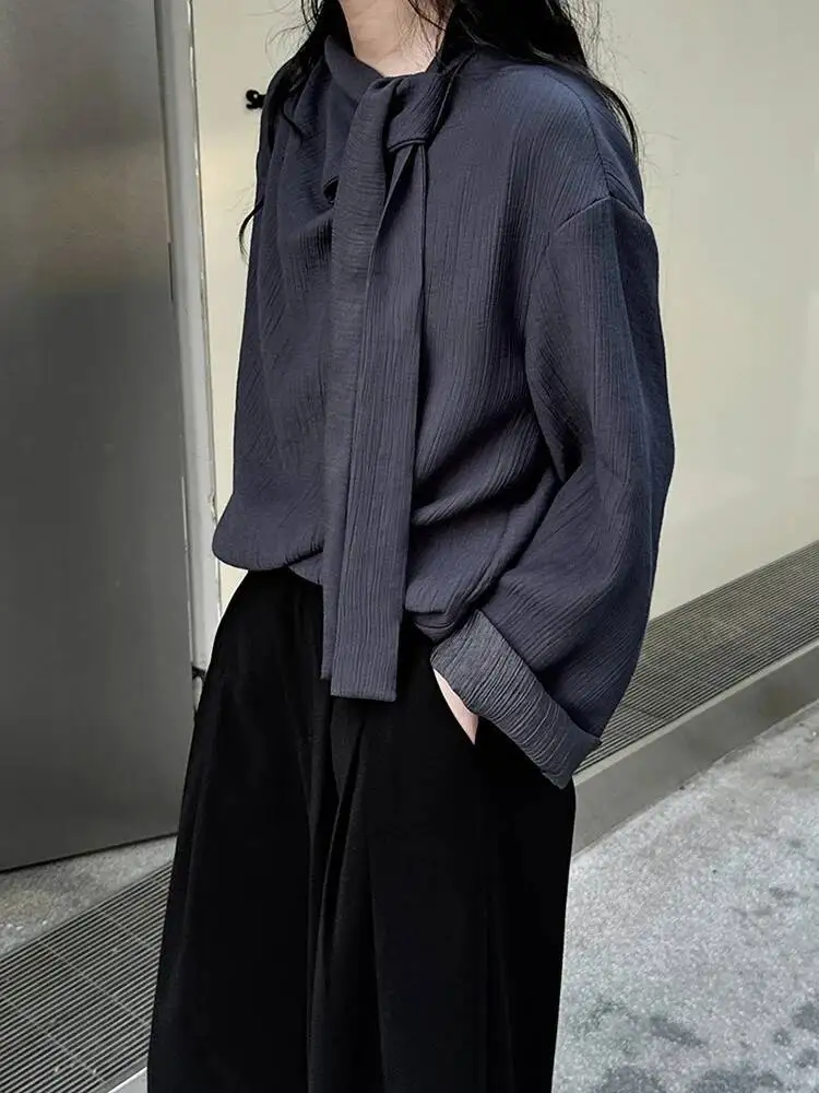 

Women Dark Gray Ribbon Big Size Elegant Blouse New Round Neck Long Sleeve Shirt Fashion Tide Spring Autumn