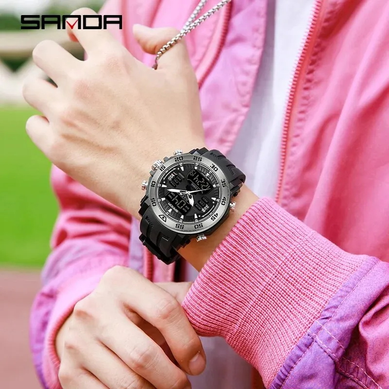 SANDA Military Dual Display Watch Outdoor Sport Large Dial 50M Waterproof Quartz Watch Multifunction LED Digital Watches For Men