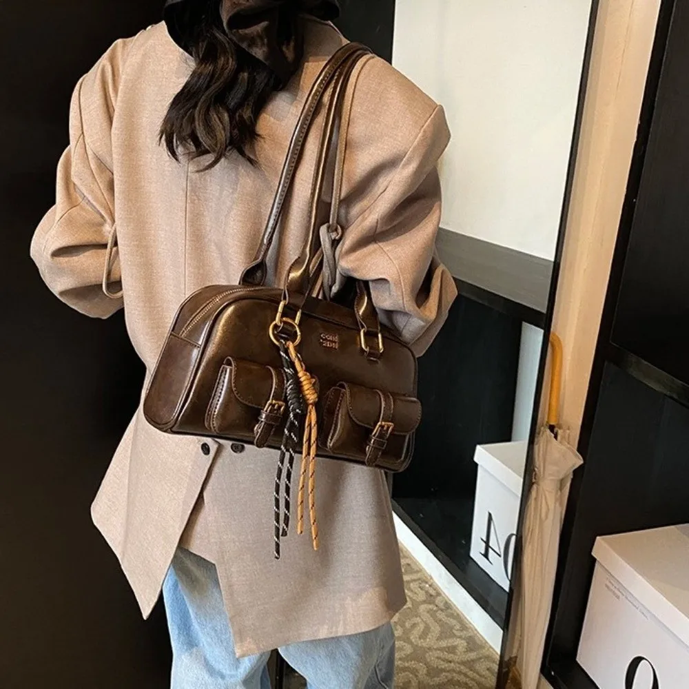 

Retro JK Leather Shoulder Bag Solid Color Handheld Bowling Bag Multifunction Zipper Closure Hobo Bag Travel