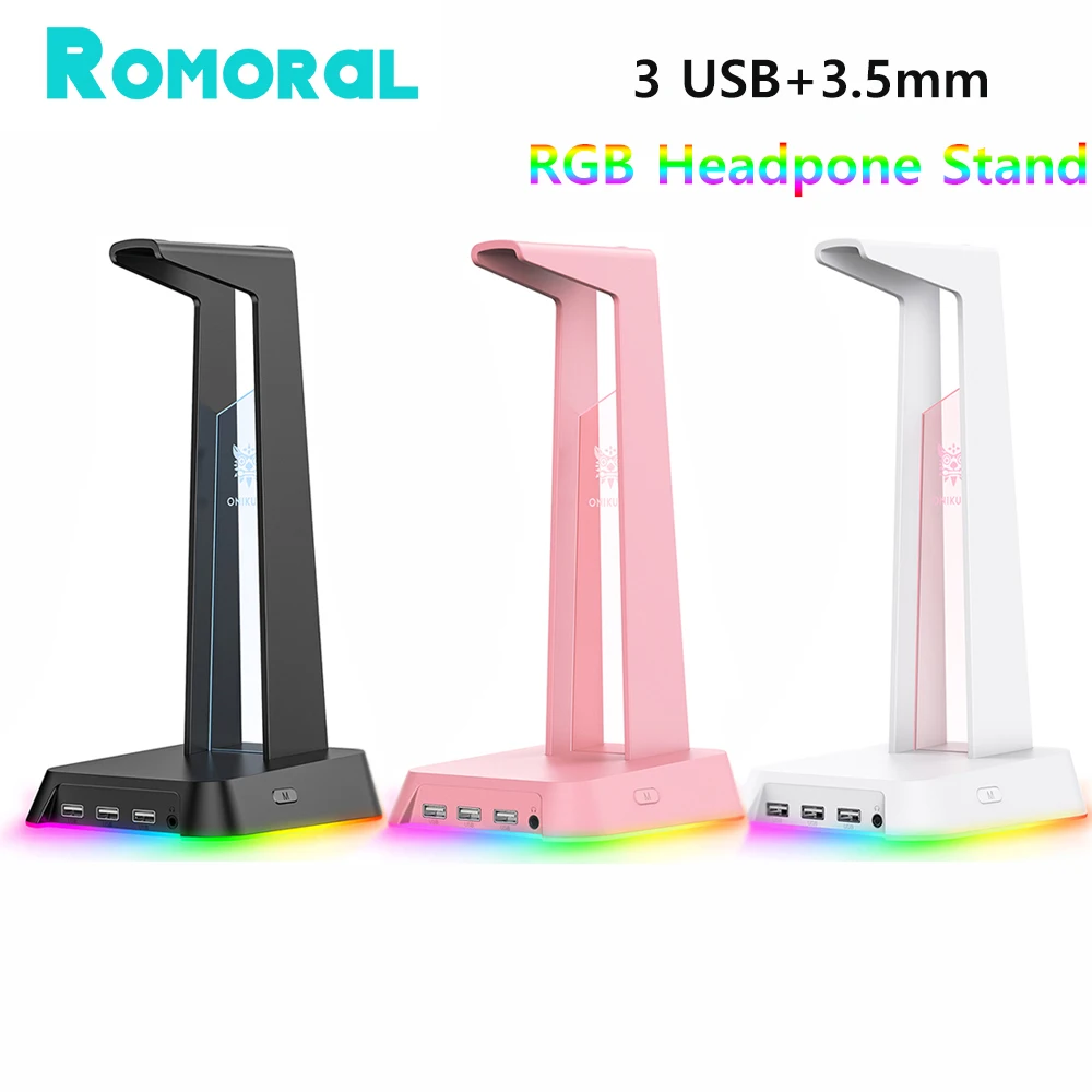 RGB Headset Stand with 3.5mm AUX 3 USB Ports Dock Station Phone Charging Card Reader Headphone Holder Bracket for PC Gaming