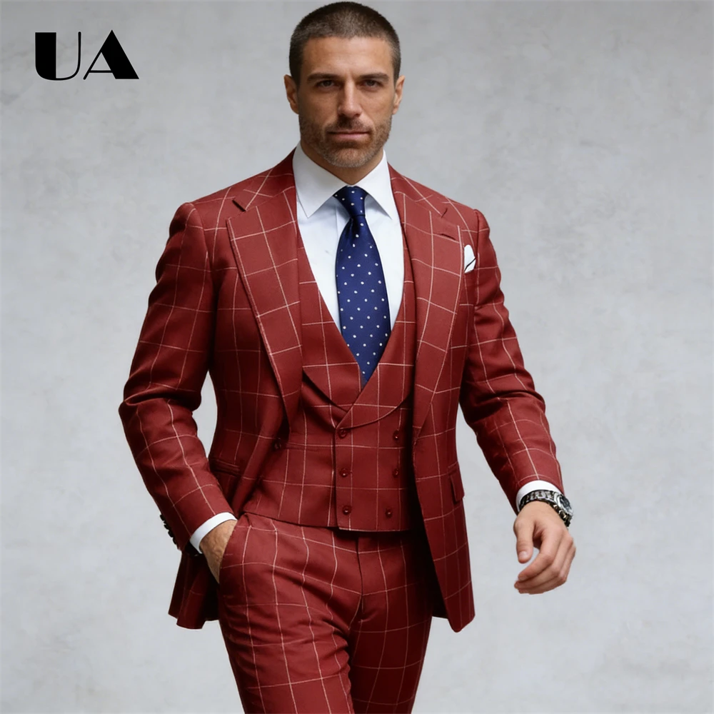 

Checkered 3 Pcs Formal Suit Set, Men's Tailored Tuxedo Jacket Vest Pants Single Breasted Suit Attire, Business Tuxedo Set