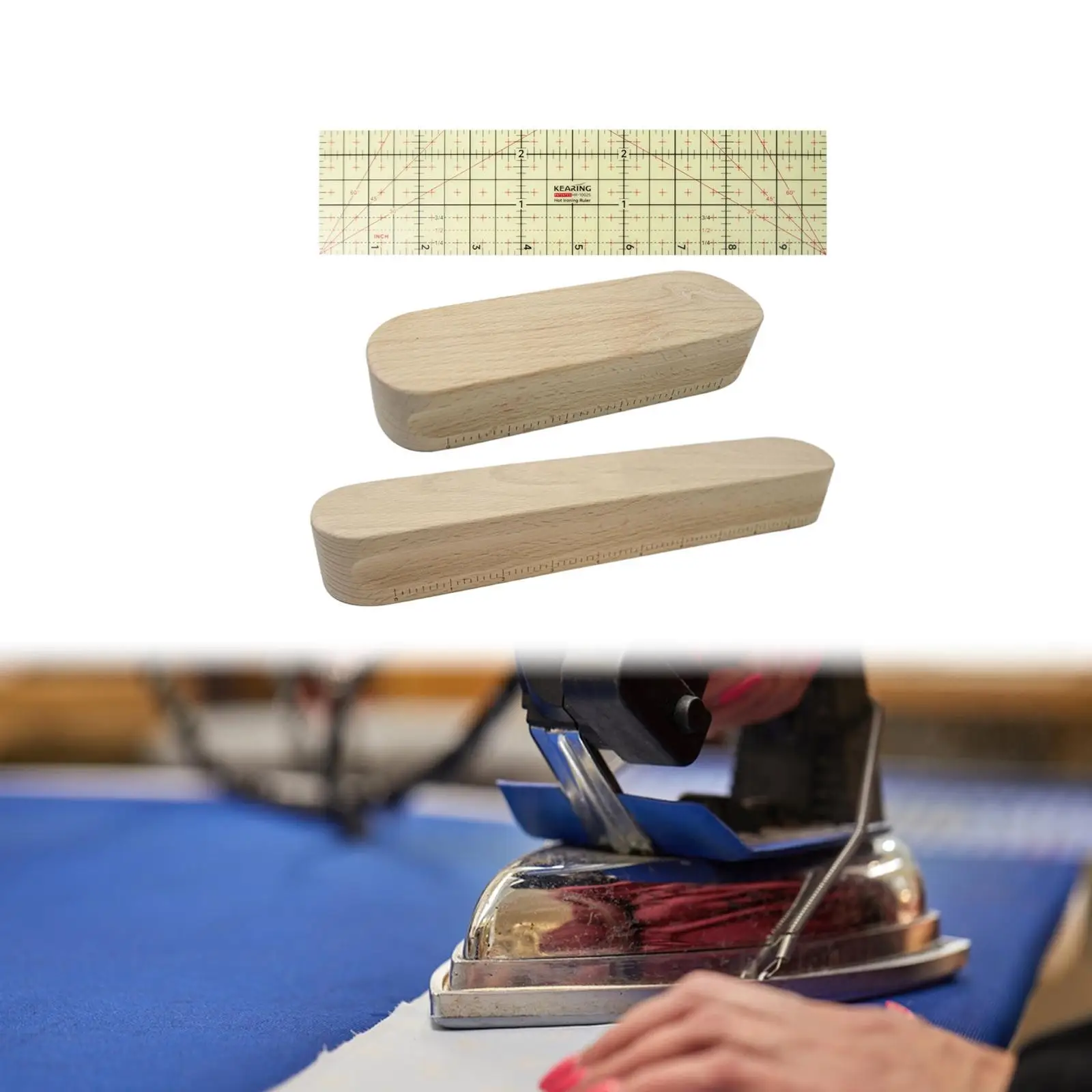 3 Pieces Beech Wood Tailors Clapper and Ruler High Temperature Measuring Accessories Handcrafted Sewing Tool for Ironing