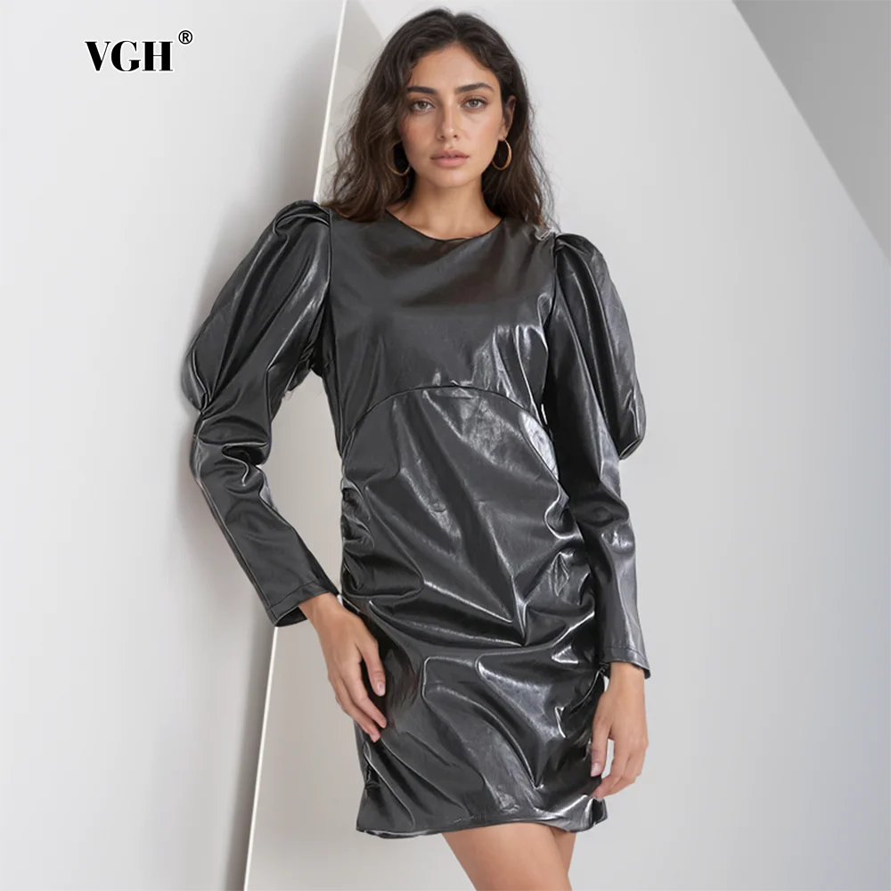 

VGH Streetwear Soild Dresses For Women Round Neck Long Sleeve High Wiast Slimming Temperament Mini Dress Female Fashion Clothing