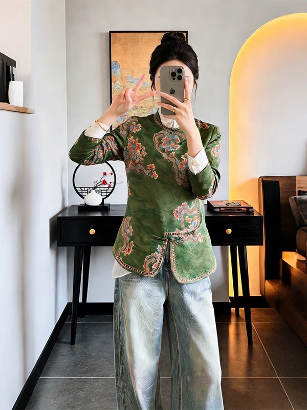 

Retro Chinese Style Floral Print Short Shirt Women's Long Sleeve round Neck Slimming Top Commute Fashion Spring Autumn Wear