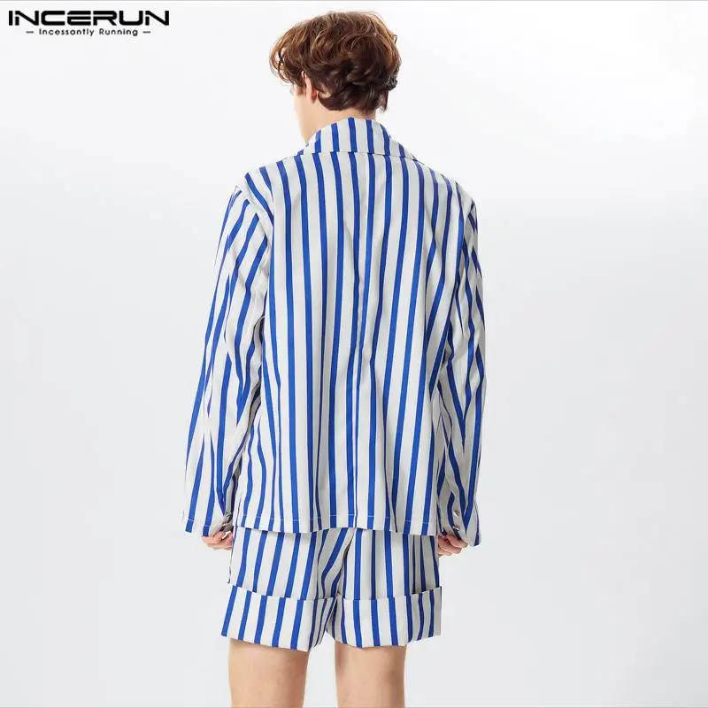 INCERUN 2024 American Style Sets Handsome Men\'s Stylish Striped Long Sleeved Suit Shorts Streetwear Hot Sale Suit 2 Pieces S-5XL