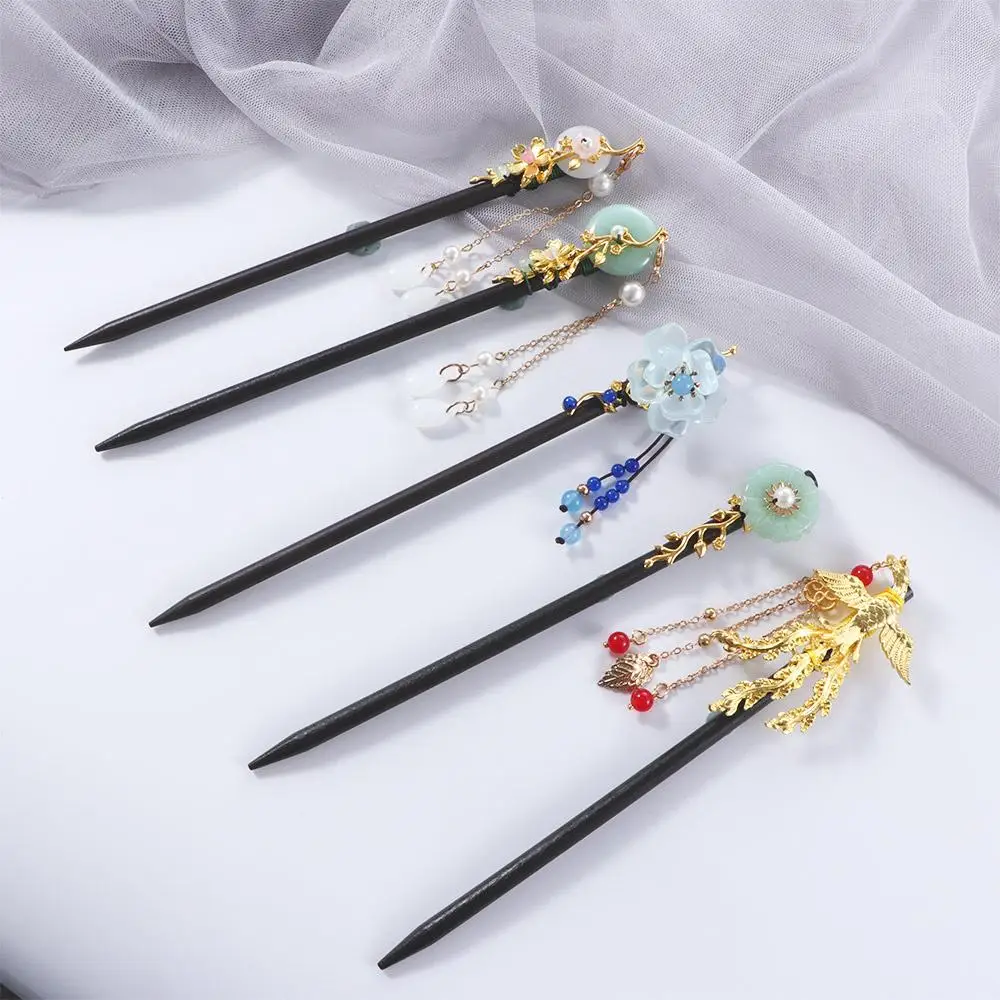 

Simple Elegant Tassel Women Hanfu Ladies Hair Accessories Wooden Hair Fork Flower Hairpins Hair Sticks