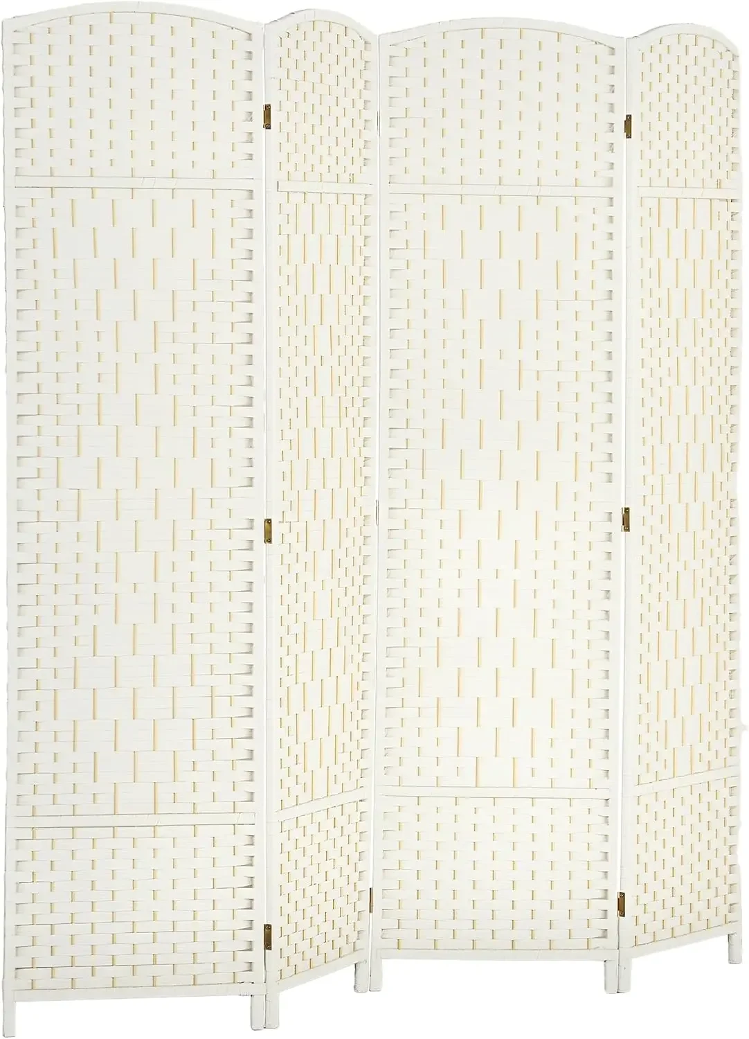 4 Panel Room Divider 6 Ft Privacy Screen Hand-Woven White | Folding PP Wall Partition, Pine Wood Frame, Freestanding Room