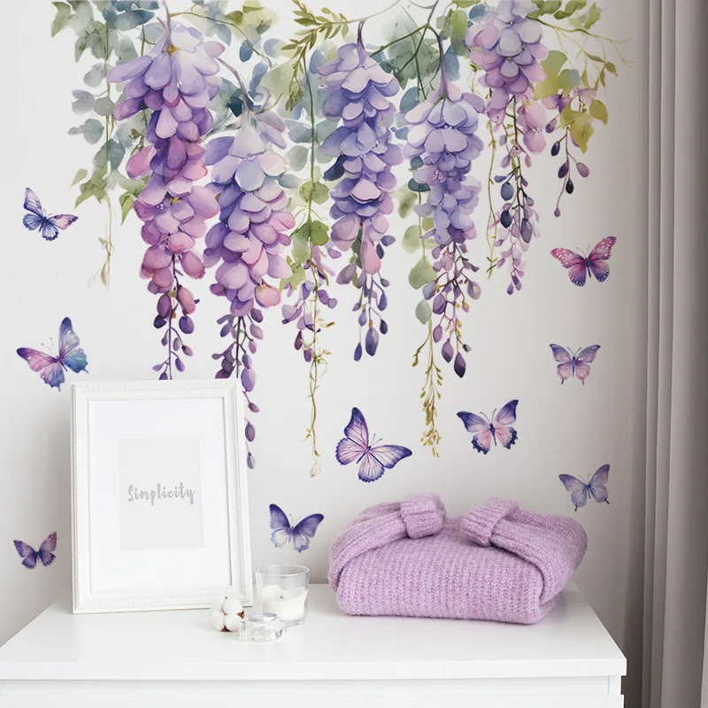 Purple Flower Plants Floral Wall Stickers Home Room Decoration Bedroom Adhesive Wallpaper Wall Furniture Door House Interior