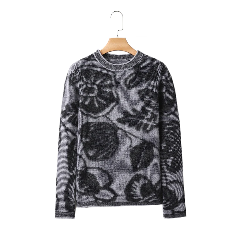 Autumn Winter 100% Cashmere Wool Soft Sweater Women Retro Round Neck Worsted Jacquard Pullover Basis Casual Loose Knitting Top