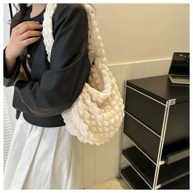 Wrinkled Design Embroidered Plaid Shoulder Bag Underarm Bag Simple Large Capacity Quilted Tote Bag for Women