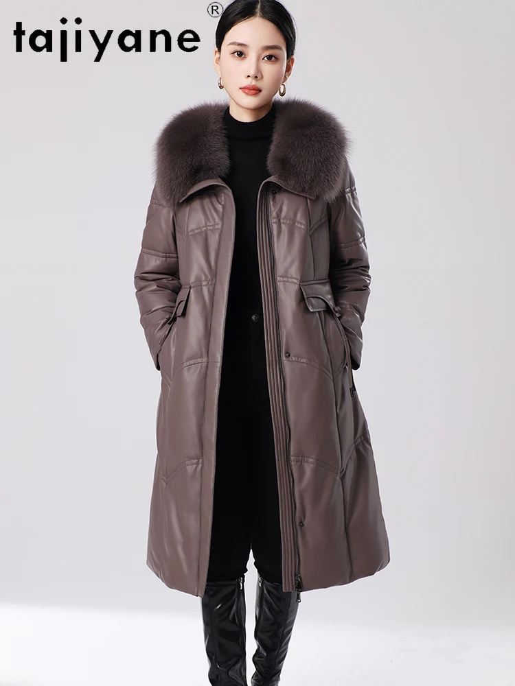 TAJIYANE 100% أعلى الحبوب جلد الغنم أسفل معطف امرأة جلد طبيعي طويل سترة منفوخة مع الثعلب الفراء طوق 2025 الملابس الشتوية