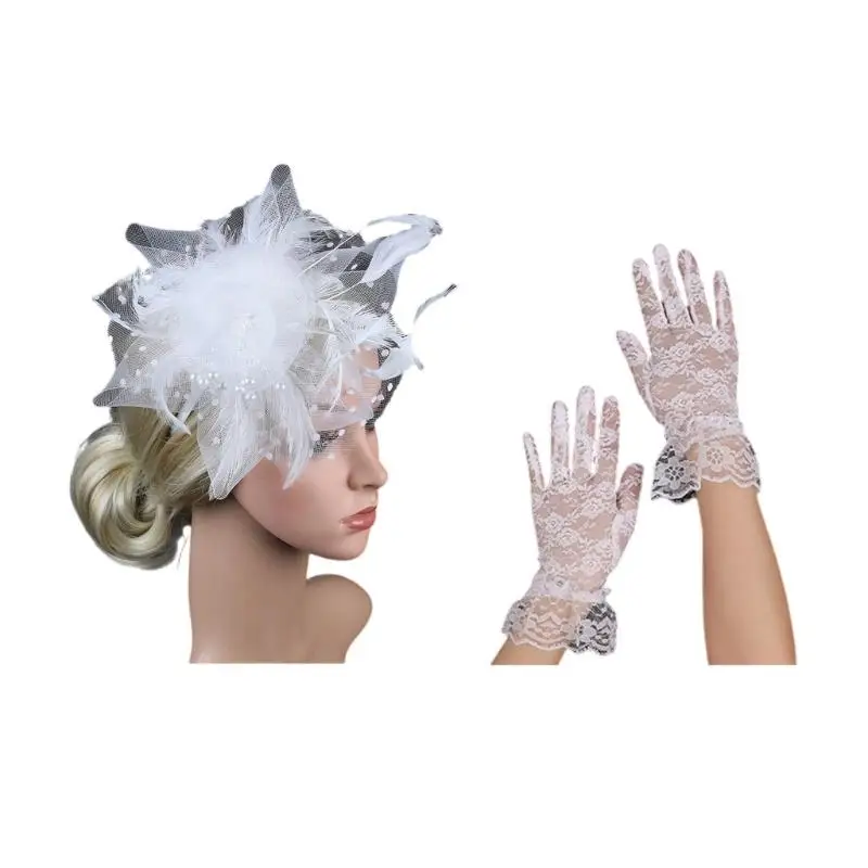 39BD Set aus zartem Brautschleier, Fascinator und Handschuhen mit Zierfedern für Bräute – Detail 4