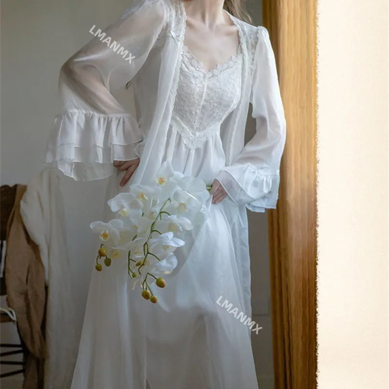 Long White Wedding Robe Nightgown Set Elegant French Court Style Sleepwear Nightdress Sweet Lace Gauze Home Dress Bathrobe