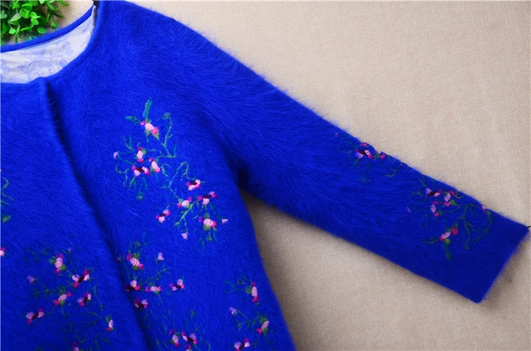 สุภาพสตรีผู้หญิงฤดูใบไม้ร่วงฤดูหนาวเสื้อผ้าสีฟ้าเย็บปักถักร้อยโครเชต์ Hairy Mink Cashmere ถักแขนยาวหลวมเสื้อสเวตเตอร์ถักเสื้อ