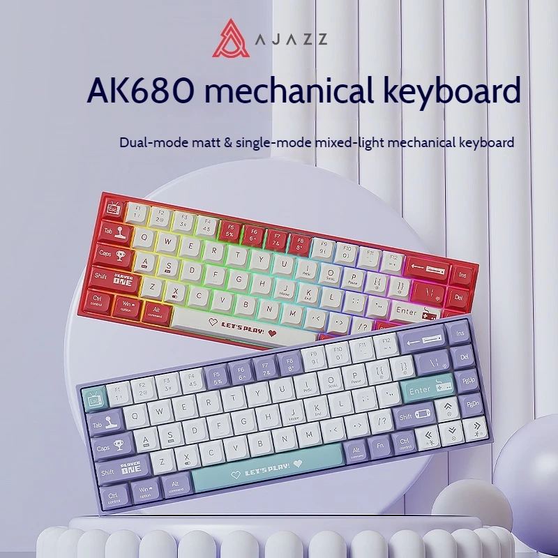 Imagem -02 - Ajazz Ak680 2.4g 68 Teclas Teclado Mecânico Jogo com Fio Quente Swappable Pequeno Teclado Modo Duplo Eixo de Chá Teclado de Eixo Vermelho Presente