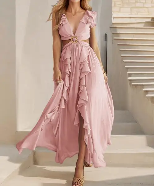 

Slim Backless Dresses for Women's New Style 2025 Summer Fashion Bohemian Vacation Casual Sweet V-Neck Ruffle Slit Long Dress