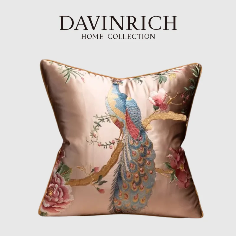 DAVINRICH Silky Oriental Floral Peacock Square Cushion Cover Vintage Vietnam Handcraft Pillow Case For Living Room Couch Bedroom