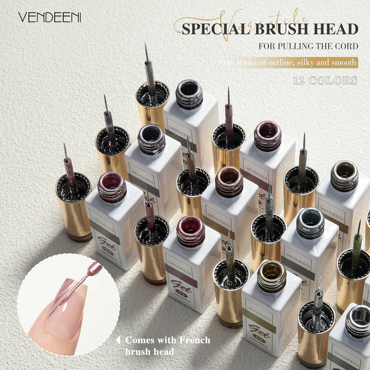 Vendeeni Best Quality Top Material 12colors Metallic Liner Gel Polish Collection 12ml Silver Rose Gold Metal Gel Liner Nail Art