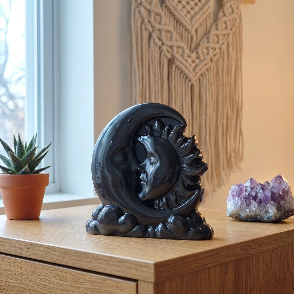 Natural Silvery Sheen Obsidian Sun and Moon Figurine Hand Carved Crystal Home Decor Reiki Healing Gift