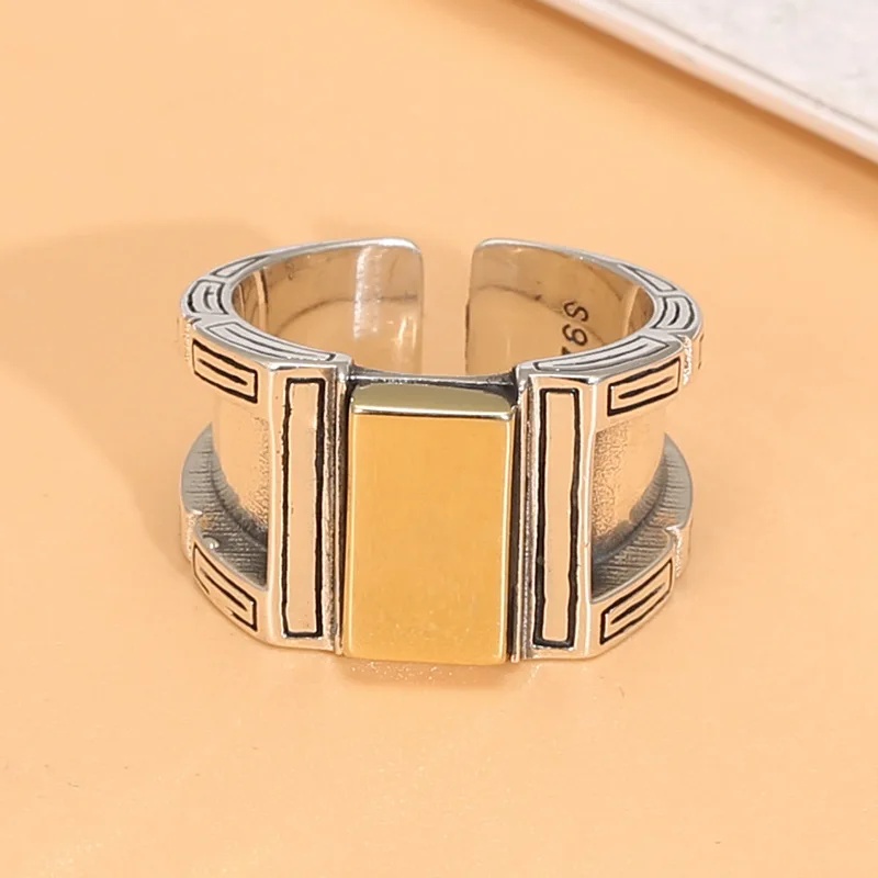 

925 sterling silver men's exaggerated personalized inlaid copper open ring Thai silver retro hipster punk ring