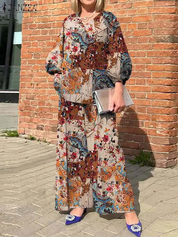 2024 Women Holiday Matching Sets ZANZEA Bohemian Printed 2pcs Suits Casual 3/4 Sleeve Tops Tracksuit Autumn Wide Leg Pant Sets