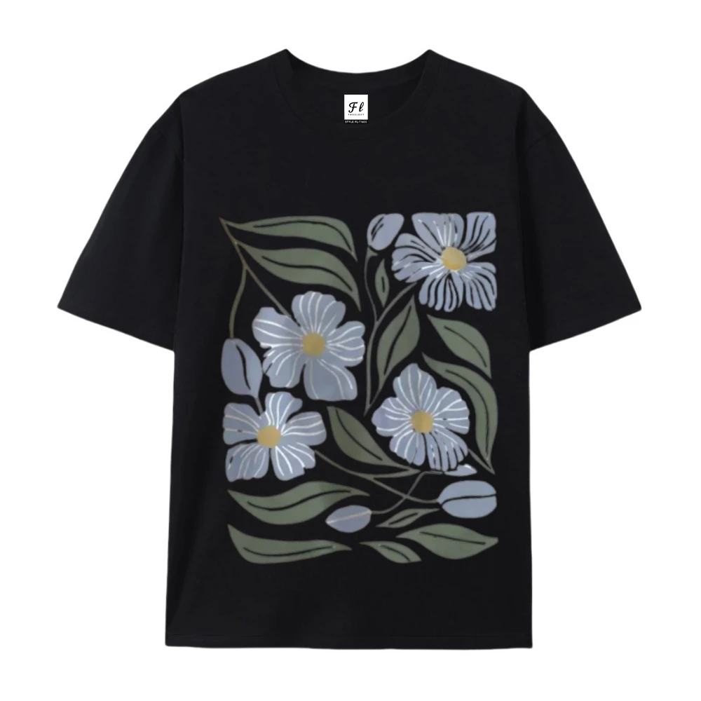 Y2k 그래픽 프린트 라운드 넥 티셔츠 리프 여름 봄 여성 남성 반팔 빈티지 블루 플라워