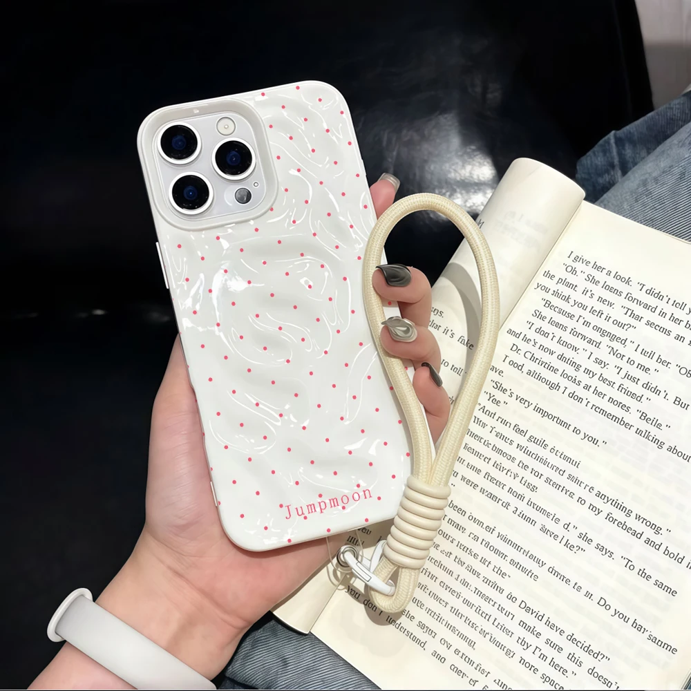 Modische Polka-Dots-Silikon-Handyhülle mit Faltenoptik für iPhone 17 15 13 11 12 14 16 17 Pro Max 14 15 Plus 17Air mit Lanyard-Abdeckung – Detail 2