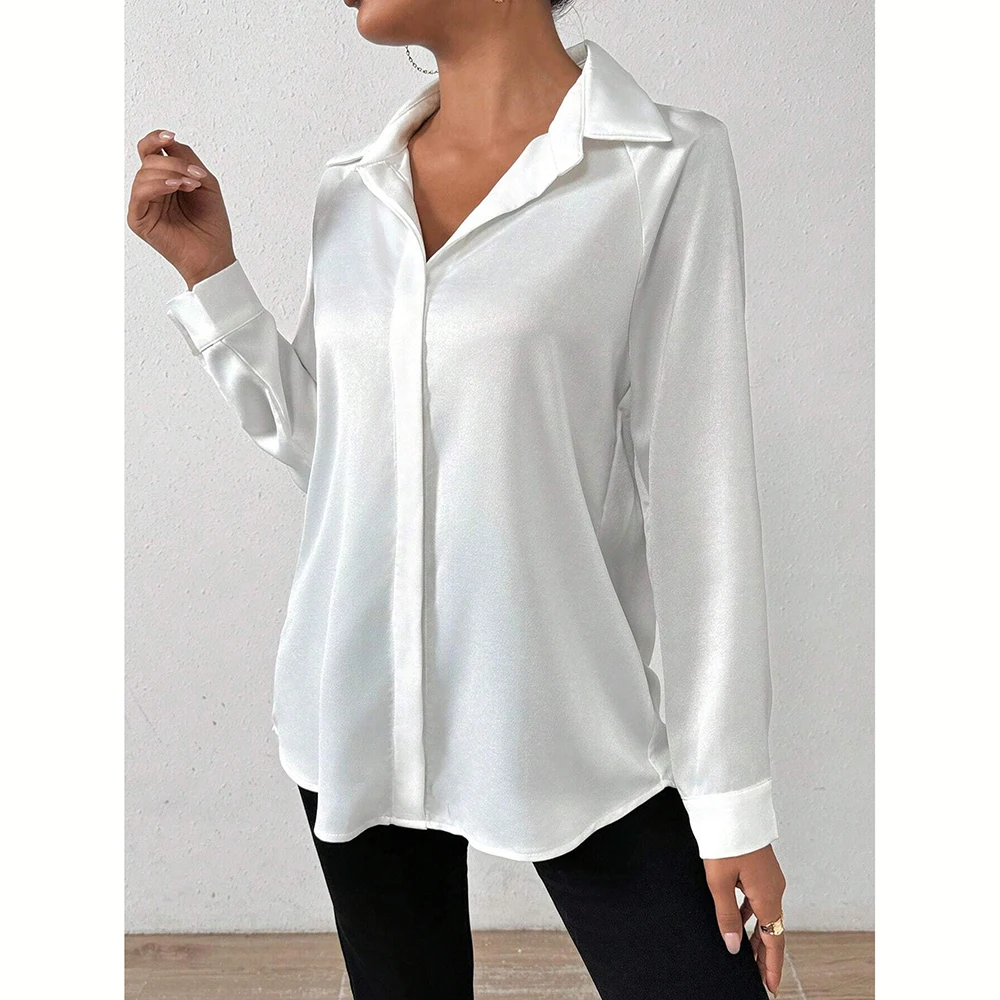 Mia Muse Camisas de mujer otoño elegante decente liso manga larga camisa cuello ropa de trabajo camisas