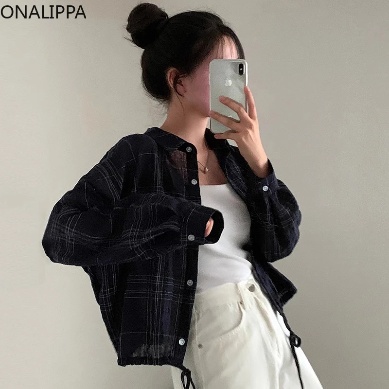 Onalippa Drawstring Plaid Women Shirt Vintage Single Breasted Long Sleeves Casual Shirts Korean Turn Down Collar Sweet Blouse