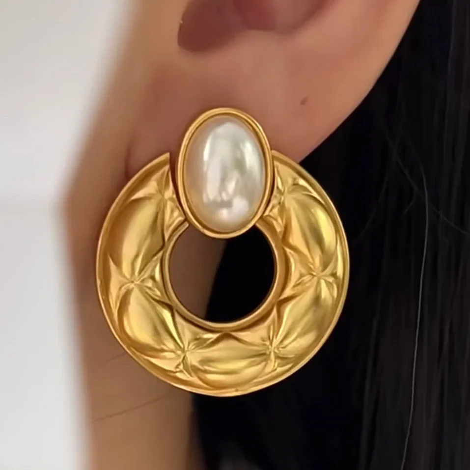 Modern Jewelry Simulated Pearl Texture Metal Round Drop Earrings For Girl Gift Temperament Dailly Wear