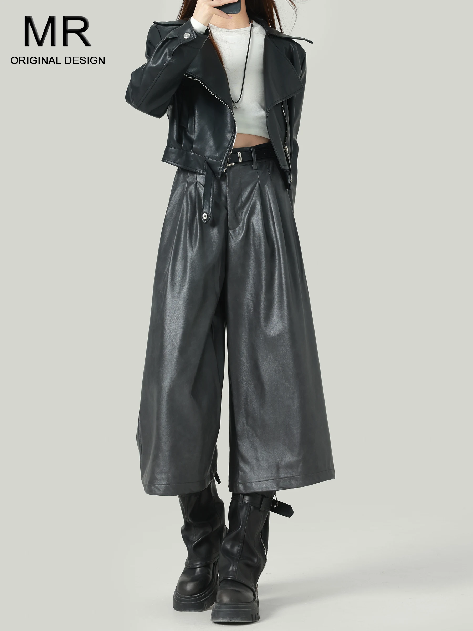 

Кожаные брюки с высокой талией и широкими штанинами в американском стиле, женские осенне-зимние повседневные брюки нового стиля, свободные прямые брюки с драпировкой