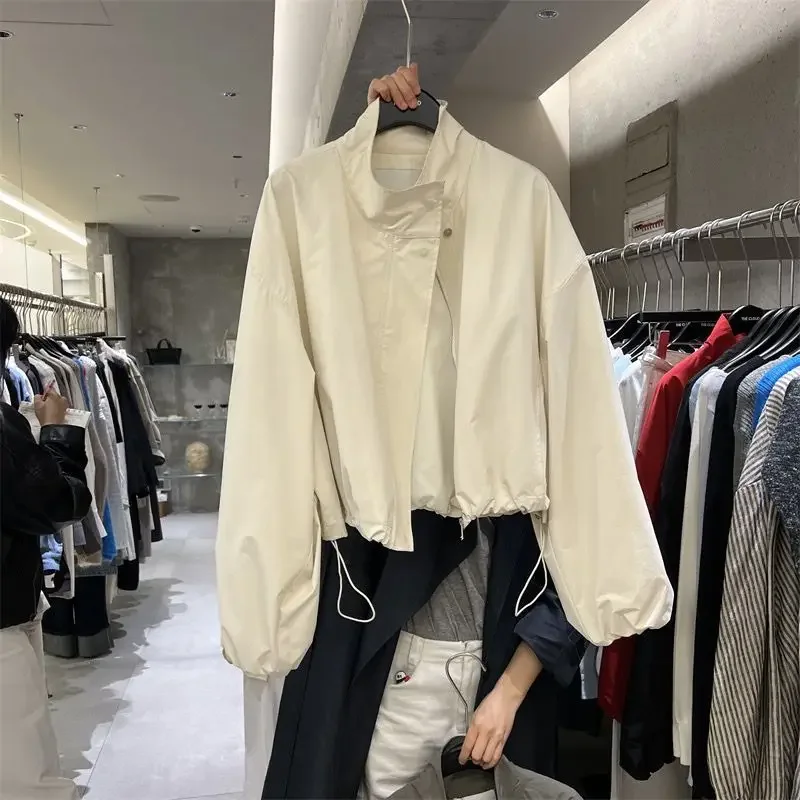 ​​Women's Red Stand Collar Jacket, Casual Loose Fit Zip Up Outerwear with Drawstring Cuffs, Short Thin Coat for Autumn Spring
