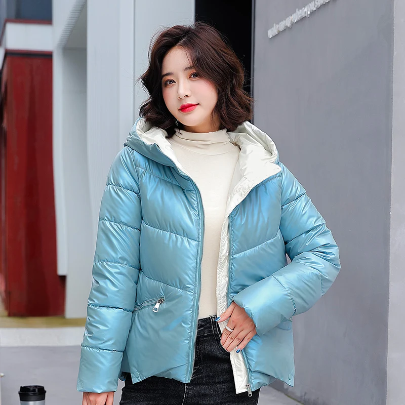 Short Hooded Parka Fashion Warm Winter Jackets For Women Casual Gloosy Chic Coat Female Padded Outwear