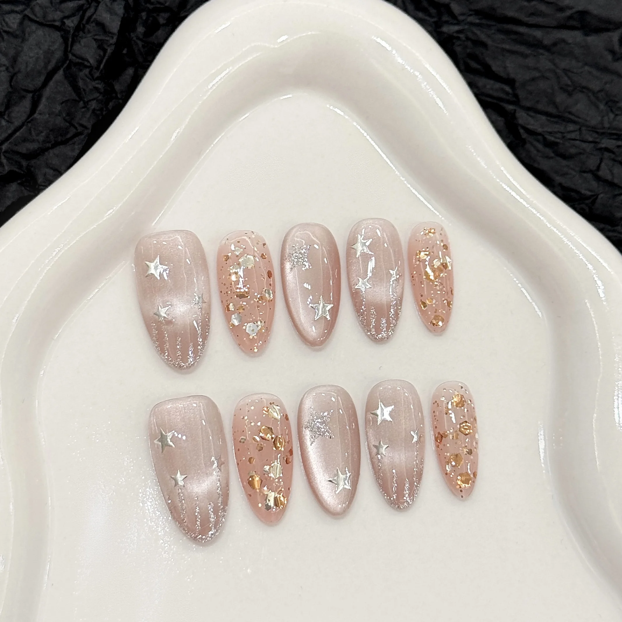 

10pcs Pure Hand Pressed Medium Oval Nail Art, Beautiful Fake Nails,Shiny Stars And Moon Dream Fairy, Suitable For Women To Use
