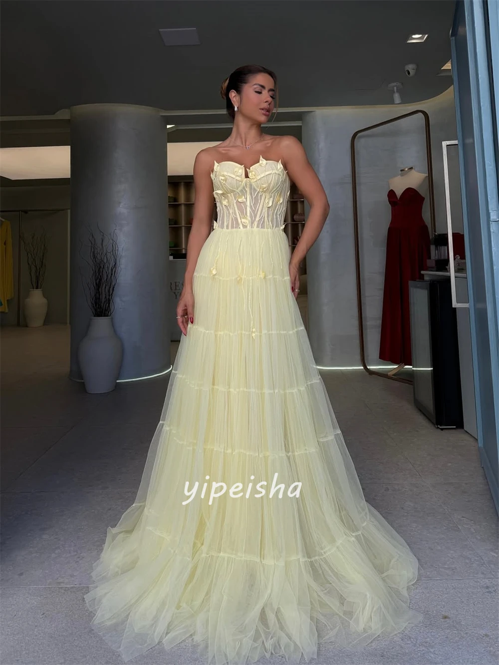 Personalizado de alta qualidade moda tule plissado ruched a linha sem alças vestidos longos sob medida vestidos ocasião estilo moderno combinando